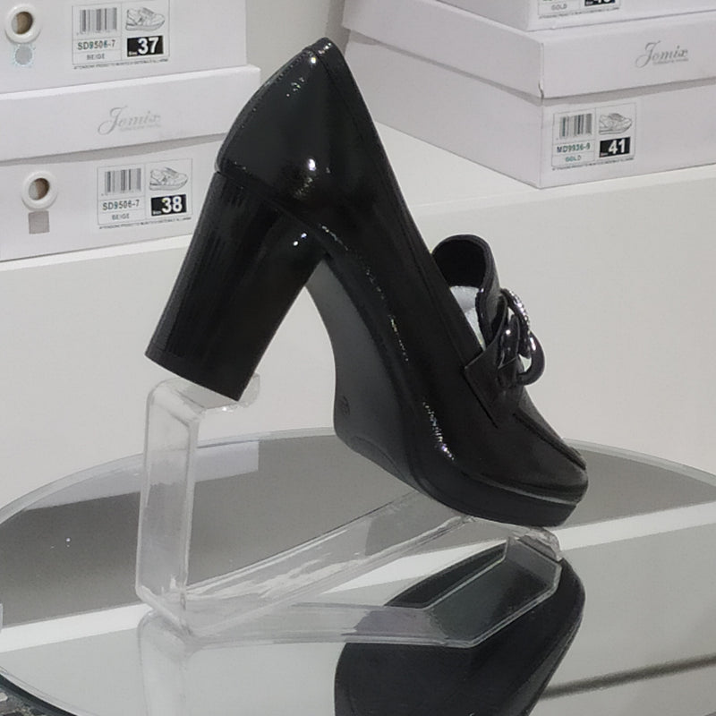 Pharma Shoes - Mocassini Donna Tacco 7 Cm In Similpelle Lucida Di Buona Manifattura Con Plantare Comodo Anatomico