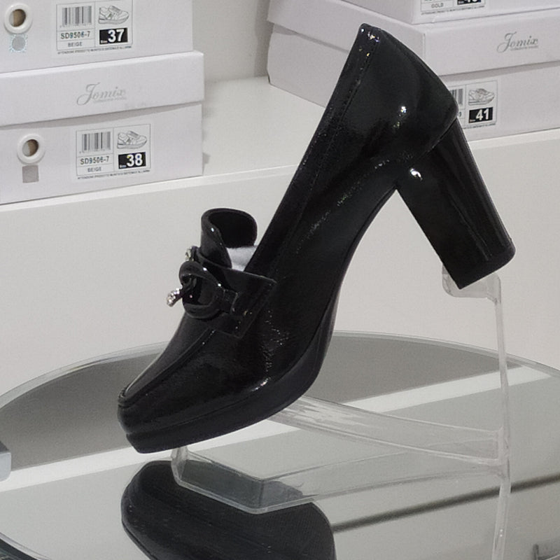 Pharma Shoes - Mocassini Donna Tacco 7 Cm In Similpelle Lucida Di Buona Manifattura Con Plantare Comodo Anatomico