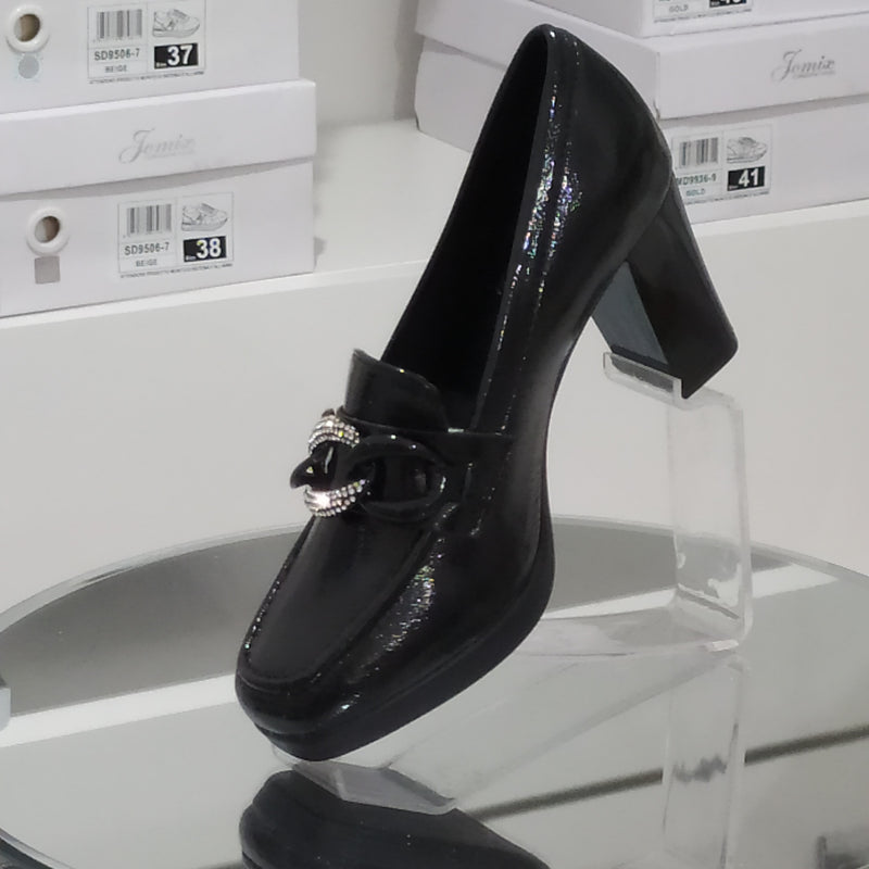 Pharma Shoes - Mocassini Donna Tacco 7 Cm In Similpelle Lucida Di Buona Manifattura Con Plantare Comodo Anatomico